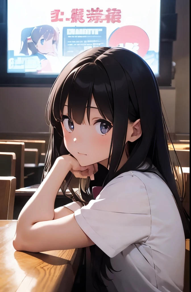 A girl looking bored watching a movie in an old movie theater。The only customer is me。The girl's cheeks look soft as she rests her chin on her hand。front angle。Japanese high school girl。。High school girl in Japan high 。JK。