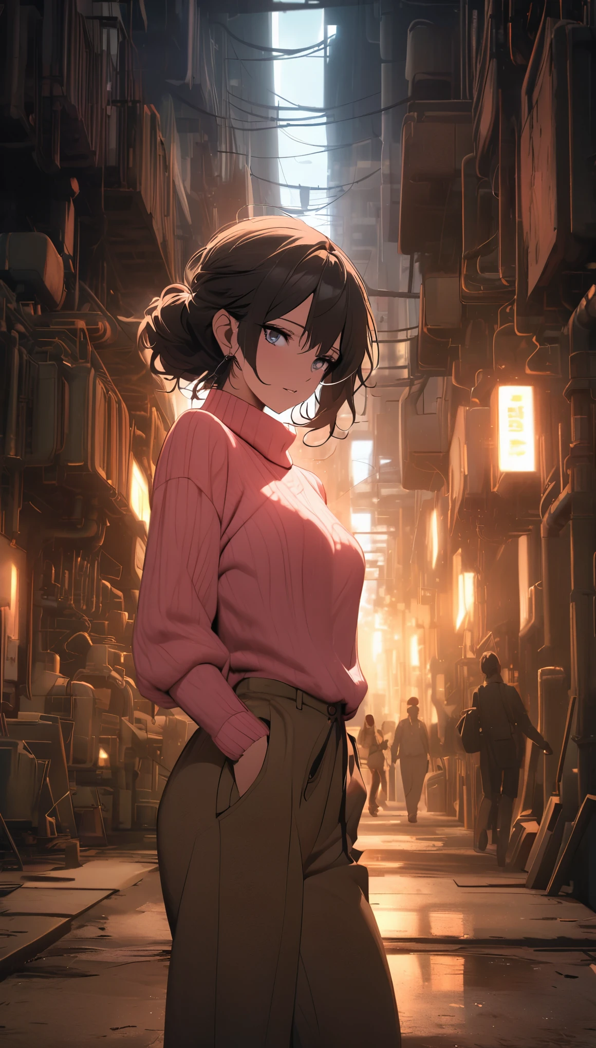 mysterious atmosphere, Atmospheric, ethereal quality,actual,Beautiful and beautiful,, alone,groin,pink turtleneck sweater, brown pants,(National Science Foundation:0.85),, ,, power plant,, (glowing atmosphere, charming light, Luminous lighting, Ethereal atmosphere, charming light, evocative shades, charming colors, dramatic lighting, Enchanting aura),