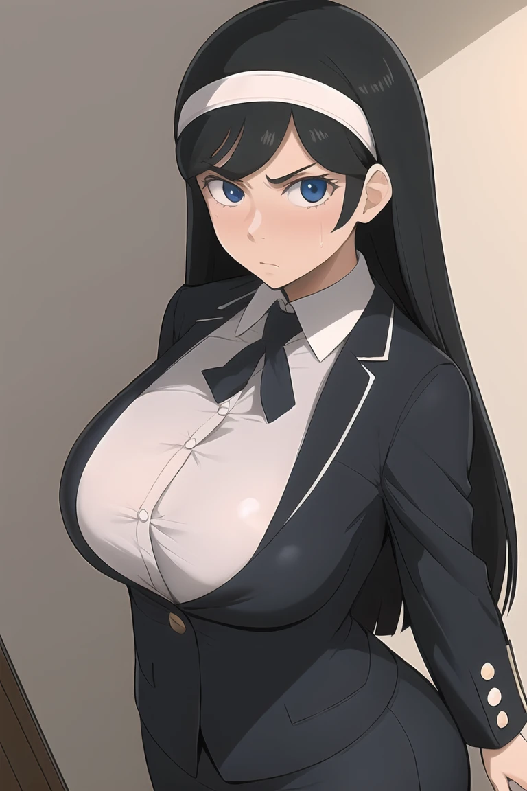 masterpiece, best quality, kumashiro maya, 1girl, solo, breasts, cleavage, long hair, white headband, black hair, parted bangs, blue eyes, looking at viewer, sweat, large breasts, business suit, collared shirt, pencil skirt