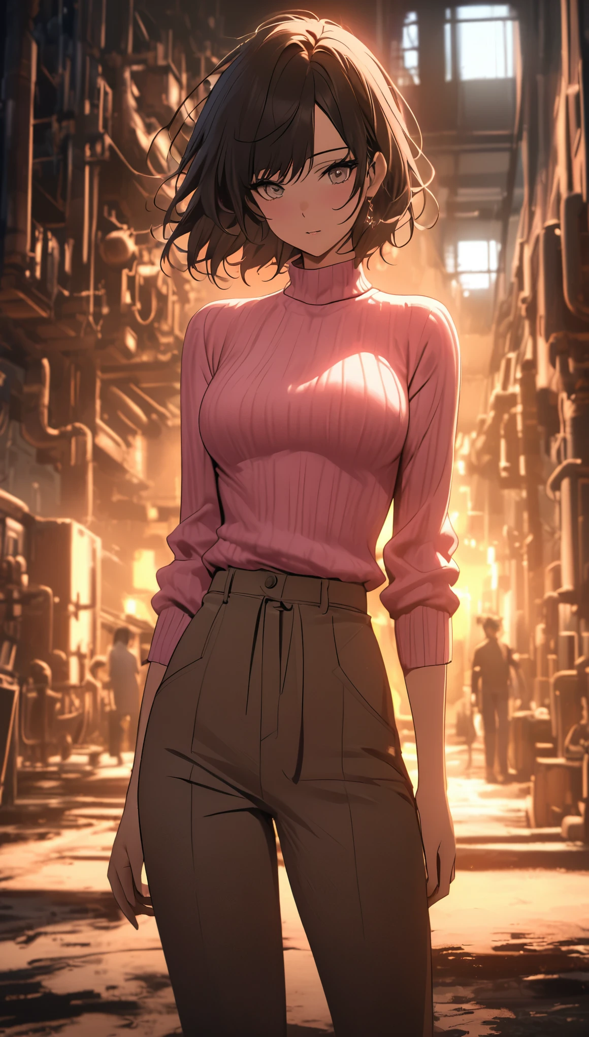 mysterious atmosphere, Atmospheric, ethereal quality,actual,Beautiful and beautiful,, alone,groin,pink turtleneck sweater, brown pants,(National Science Foundation:0.85),, ,, power plant,, (glowing atmosphere, charming light, Luminous lighting, Ethereal atmosphere, charming light, evocative shades, charming colors, dramatic lighting, Enchanting aura),