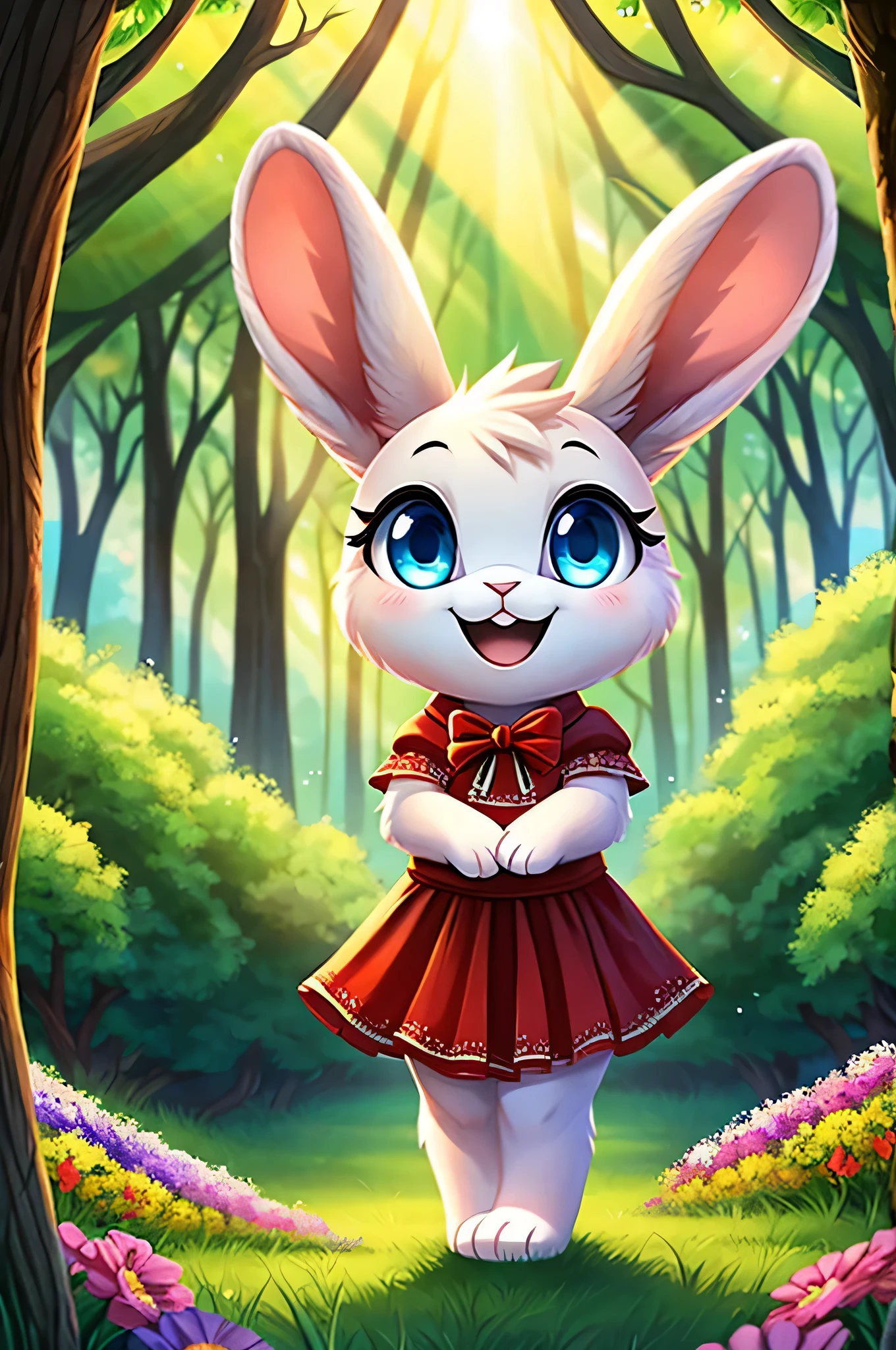 zoomed out image, ((solo character)), cute style art, fantasy style art, cute, adorable, endearing, precious, loveable, short character, small, tiny little fluffy female white bunny with blue eyes, 4 ears, 2 extra ears, both big floppy ears and raised ears, long ears, ears perked up, raised ears, long eyelashes, poofy rabbit tail, wearing a red frilly ribbon dress, smiling, standing in a thick green forest, realistic forest, soft tones, big expressive smile, open mouth, wide eyes, excited eyes, excited face, looking at the scenery, looking at the trees in wonder, exploring happily, stunning visuals, sunlight coming through the trees, flowers scattered in the bushes, butterflies in the air, digital illustration