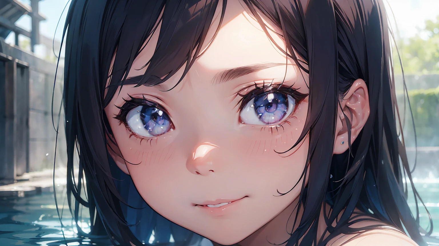 highly detailed, SFW, portrait, 1 girl, blue pink_hair, , Smile, (perfect_Face), boundary, close up, mad, exist_Back, Gorgeous, complex, dramatic lighting, detailed_Background, full_Body, Best hair quality, Extra super detailed eyes, Extra high facial detail, side_body, eye reflection, focus on eyes, detailed top eyelashes, high textured skin, lowexposure, spa, water, wet, steam, film grain, atmospheric perspective, caustics, 8K, masterpiece