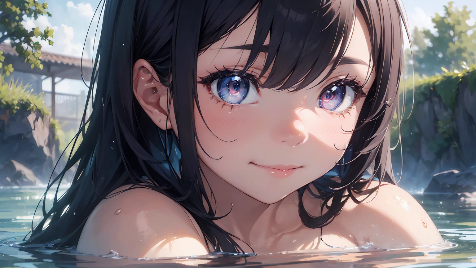 highly detailed, SFW, portrait, 1 girl, blue pink_hair, nude, Smile, (perfect_Face), boundary, close up, mad, exist_Back, Gorgeous, complex, dramatic lighting, detailed_Background, full_Body, Best hair quality, Extra super detailed eyes, Extra high facial detail, side_body, eye reflection, focus on eyes, detailed top eyelashes, high textured skin, lowexposure, spa, water, wet, steam, film grain, atmospheric perspective, caustics, 8K, masterpiece