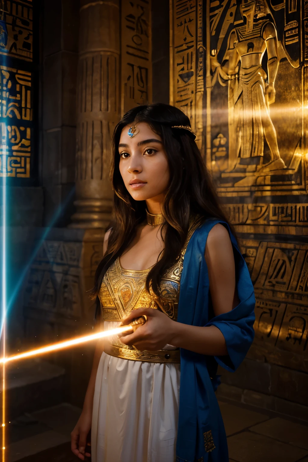 A egyptian Priestess with long, flowing hair wearing a white dress, standing in a vibrant temple surrounded ritualistical stuffs. Her beautiful detailed eyes observe a the majestic laser beam shooting out from a tube in her hands. The laser beam write Hieroglyphs on the wall, illuminates the temple with a vivid blue light, creating a mesmerizing spectacle. The girl's face reflects astonishment and wonder as she witnesses this extraordinary fusion of ancient and futuristic technology. The laser beam projects intricate hieroglyphics and symbols, revealing the secrets of the ancient civilization. The pyramid itself is adorned with intricate carvings and glows with a golden hue, emphasizing its historical significance. The scene is captured in high resolution, showcasing every ultra-detailed element with sharp focus and realistic rendering. The vibrant colors of the flowers and foliage pop against the backdrop of the starry night sky, creating a visually stunning contrast. The atmosphere is filled with mystery and awe, as the ancient Egyptian laser beam technology transports us to a world where tradition meets innovation.