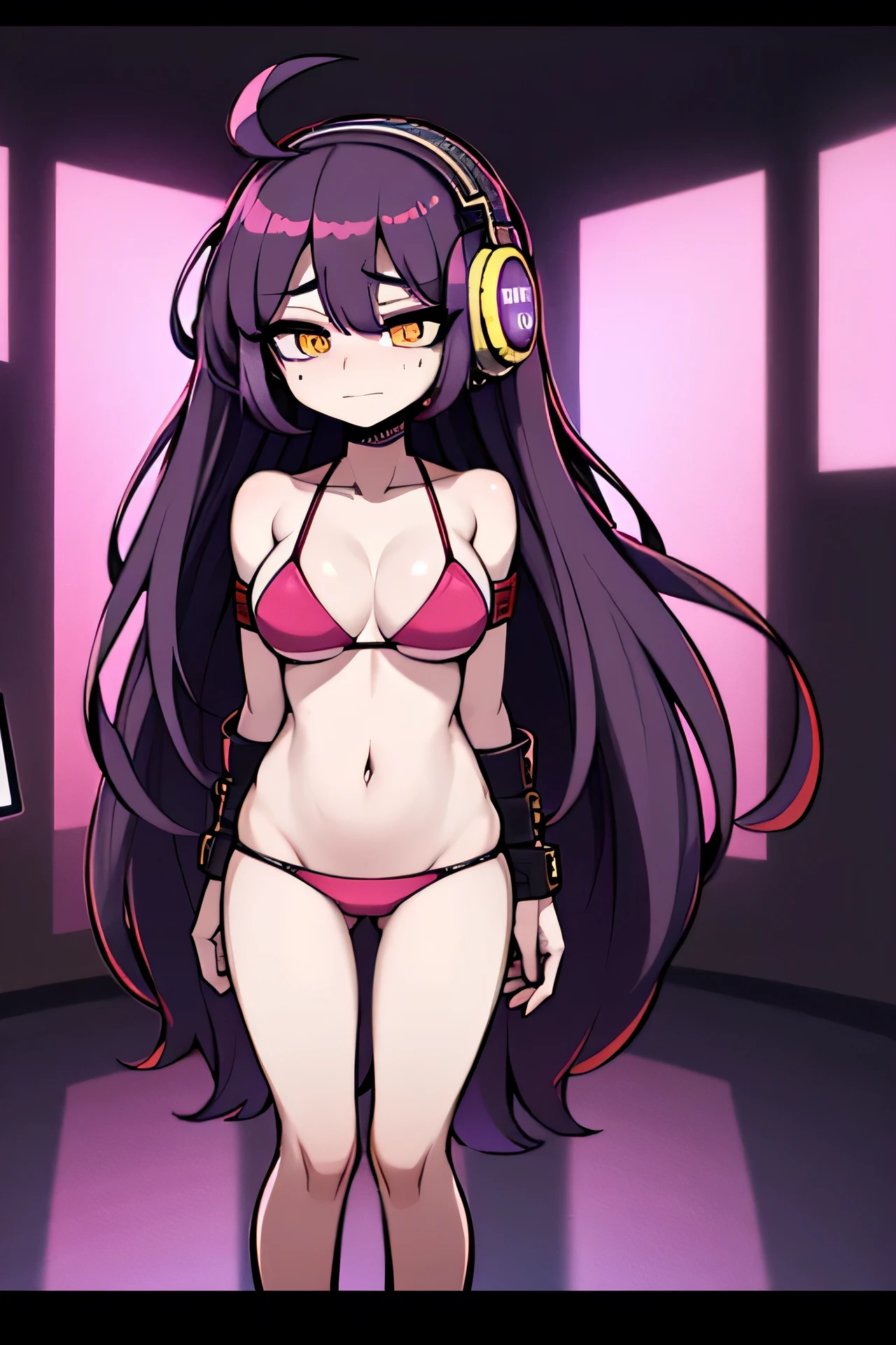 ((artwork, Best quality)), studio lighting, (1 woman), (Alone), (female focus), (stand:1.3), (looking forward: 1.3), illustration, e-girl, girl gamer, gamer, bikini, slave read bikini, slave bikini, slave read outfit, headset, recluse, shy, (very wide shot: 1.5), long hair, messy hair, human ear, gray eyes, worried look, worried, shy look, embarrassed smile, embarrassed, bright eyes, dyed hair, bold makeup, digital art, purple background, vibrant colors, neon lights, best quality, 4k, high resolution, ultra-detailed, light reflection, anatomically correct