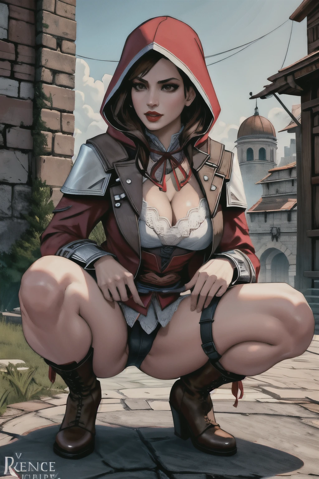 La mujer, Стиль Assassin's Creed, ropa corta, poca ropa, botas hasta la rodilla, Pulseras en las piernas, Ciudad medieval al fondo, Renacimiento, muy detallado, Realistic long-term photography., 4k, pelo largo, brown hair, By the chestnut, labios rojos, medias, stockings, Chica con traje de Assassin's Creed Altair con capucha, hood, Assassin symbol's Creed en la cintura, sexy,red lips, brown eyes, , pechos grandes, , , piernas abiertas, squatting