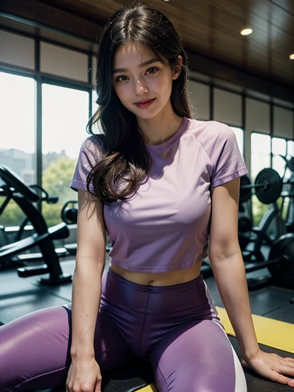 Slender Korean girl, 22 years girl, kpop idol, ((gym uniform with purple t-shirt and pink pant)), ((top quality, 8k, masterpiece: 1.3)), crisp focus: 1.2, beautiful woman with perfect figure: 1.4, highly detailed face and skin texture, detailed eyes, ((skinny)), beautiful face, symmetrical face, full-length, doing workouts in gym in step-up workout positions with different angle shots, Sweet smile, (smile: 1.2)