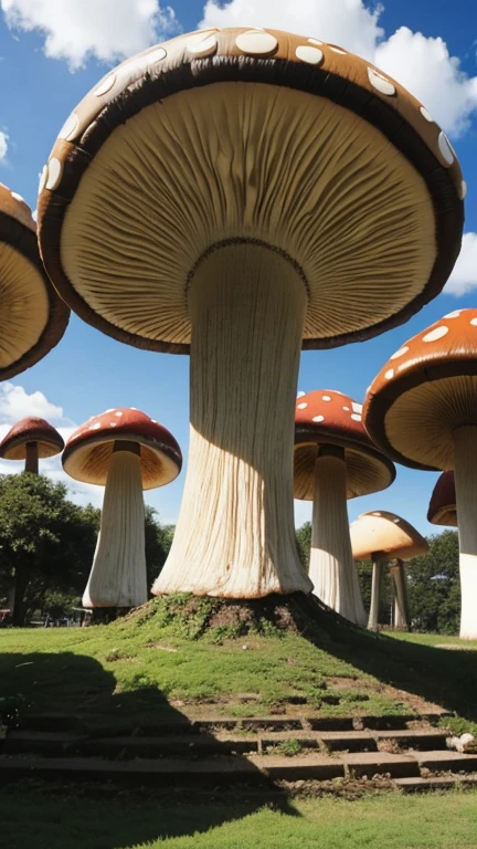 Giant mushrooms made from pastry, fruit, In mysterious Forres