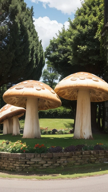 Giant mushrooms made from pastry, fruit, In mysterious Forres