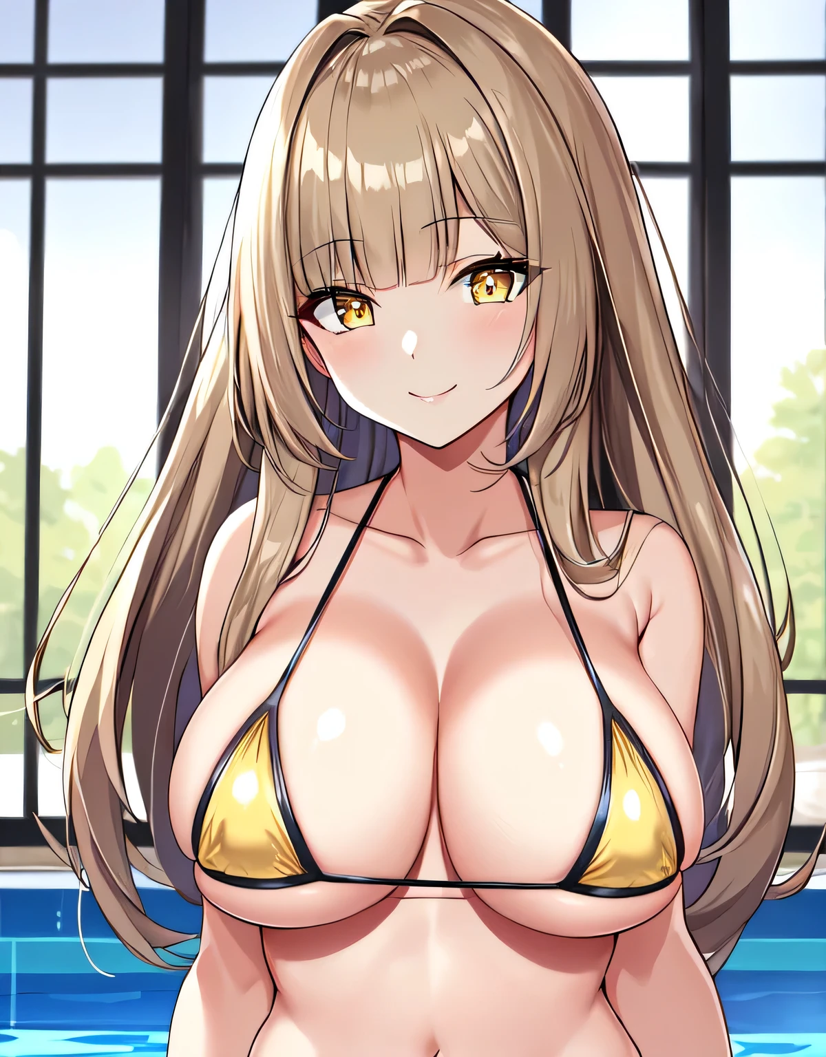 (large breasts:1.5),shiny,hair,((solo)),((masterpiece)),((best quality)),perfect anatomy,slim waist,perfect image,8k UHD,(beautiful detailed eyes:1.5),extremely detailed face,standing,(upper body:1.1),(look at the front:1.1),arms behindback,ultra-detailed,absurdres,highres,(shiny hair),((blunt bangs)),micro bikini,((sensitive smile)),indoor pool,(dark blonde hair),semi-long hair,(yellow eyes:1.2)