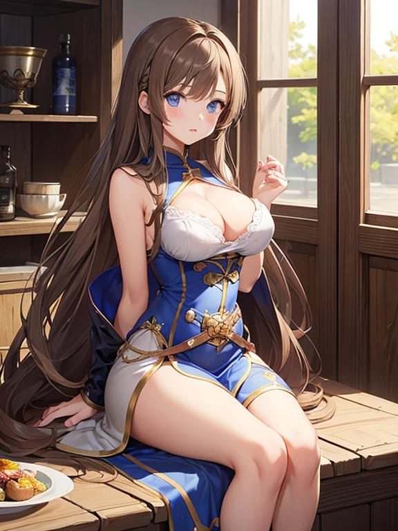 (1 girl、Dwarf girls、blue eyes、Light Brown Hair Color、long hair、C-cup beautiful breasts、Height 135cm、one piece dress)