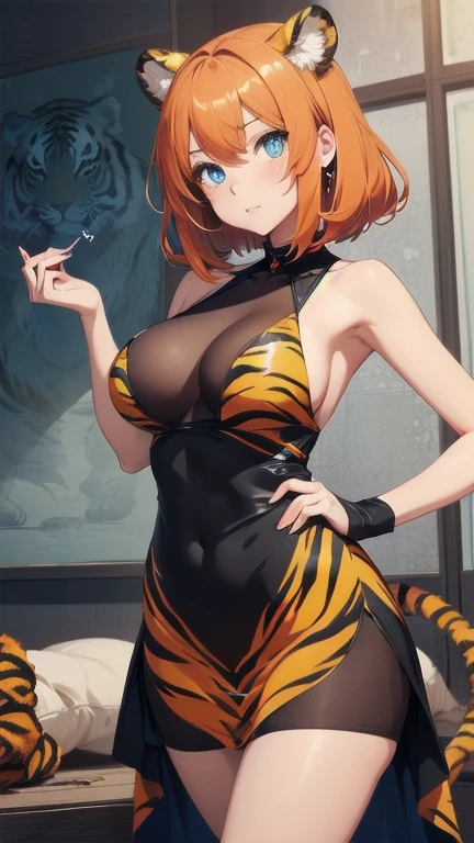 1girl, (masterpiece), best quality, expressive eyes, perfect face, anime girl with orange hair and a tiger tail, ((tiger)), very beautiful anime tiger girl, tiger skin, anime character, anime woman art, tiger, blue eyes, anime visual of a cute tiger girl, anime monster girl, wearing a tiger stamp revealing dress, tiger stamp revealing dress, medium size breast