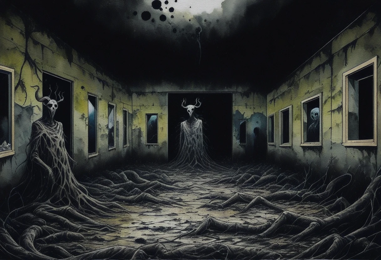 darkness, no visibility, lone Wendigo, shopping at abandoned shopping mall, dead mall, anthropomorphic deer spirit body bones and roots, gnarled crown of horns, Splash panel illustration art style Sean Gordon Murphy, ink blot, watercolor, entropy rewilding, insatiable consumer, bleak composition, cursed haunted spirit photography), too real, harsh, intense, overwhelming dread, unnatural, minimal, liminal, abandoned, alone, no light source, darkness, only visibility comes from the shades of darkness, rich color grading for depth and shading, expansive vast open dilapidated areas for profound isolation loneliness, dark color palette, nighttime, abyss, void,

