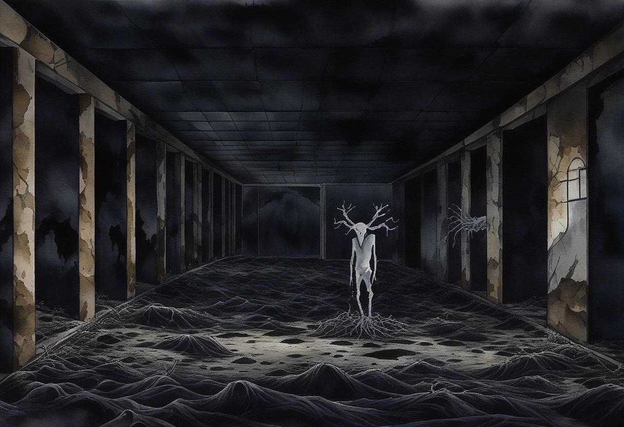 darkness, no visibility, lone Wendigo, shopping at abandoned shopping mall, dead mall, anthropomorphic deer spirit body bones and roots, gnarled crown of horns, Splash panel illustration art style Sean Gordon Murphy, ink blot, watercolor, entropy rewilding, insatiable consumer, bleak composition, cursed haunted spirit photography), too real, harsh, intense, overwhelming dread, unnatural, minimal, liminal, abandoned, alone, no light source, darkness, only visibility comes from the shades of darkness, rich color grading for depth and shading, expansive vast open dilapidated areas for profound isolation loneliness, dark color palette, nighttime, abyss, void,

