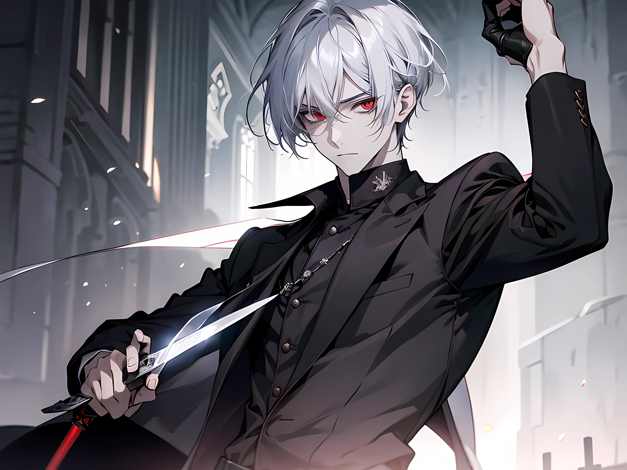 A young man with straight white hair, red eyes and pale skin, dressed in dark clothes, holding a black sword over corpses, extremely detailed eyes, detailed face