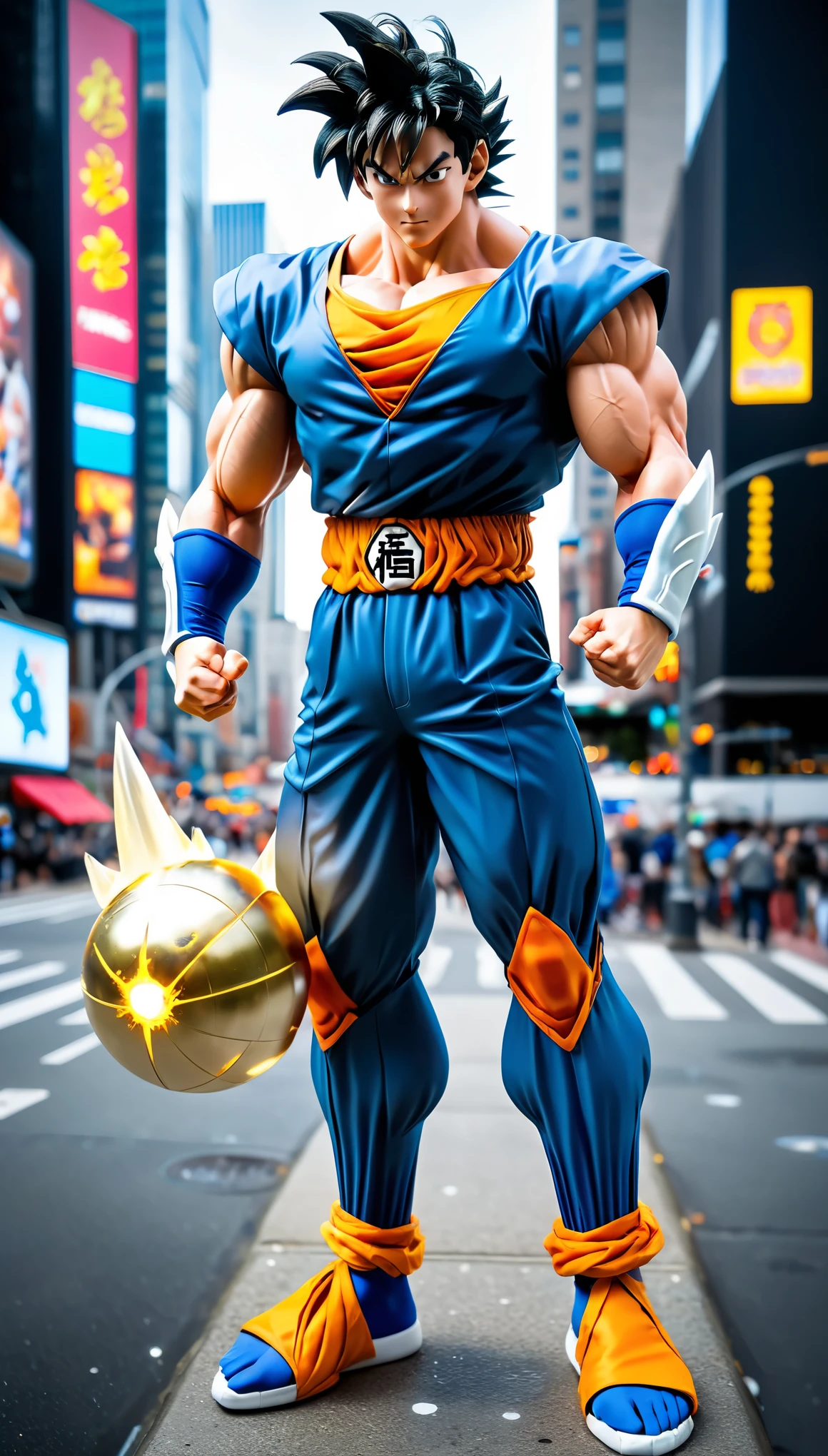 (best quality, ultra-detailed, realistic: 1.37), image of Goku (--cw 0, Dragon Ball Z character, full body, in New York, on the street with several buildings with billboard screens and people on the sidewalks), Goku with beautiful detailed eyes, beautiful detailed lips, extremely detailed face and facial features, bold and strong facial expressions, long black spiky hair, shy happy look, full body, powerful and muscular, super saiyandin aura, Dragon Ball Z style, touch of nostalgia , --cw 100, confident pose, natural lighting, dynamic shadows, vivid colors, masterpiece: 1.37, ::n_style anime, photorealistic, 35mm film, 