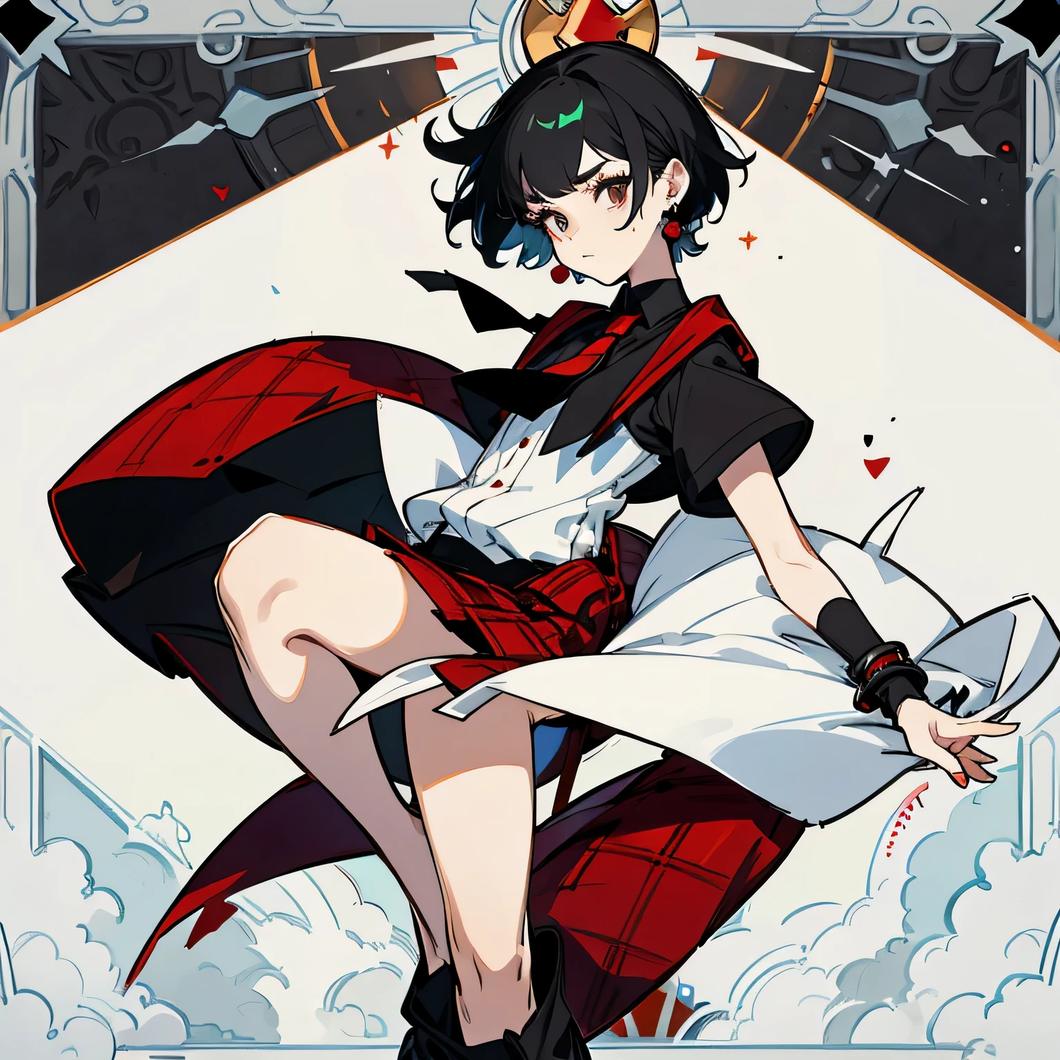 A white, pale, tall and skinny age girl with black, short hair that reaches her shoulders. The girl uses thick eyeliner and black lipstick on her face. She uses a white dressing shirt with short sleeves , a red tie, and a red plaid skirt. The girl has small black earrings. She also uses some black bracelets on both of her hands. The girl uses black gothic boots.