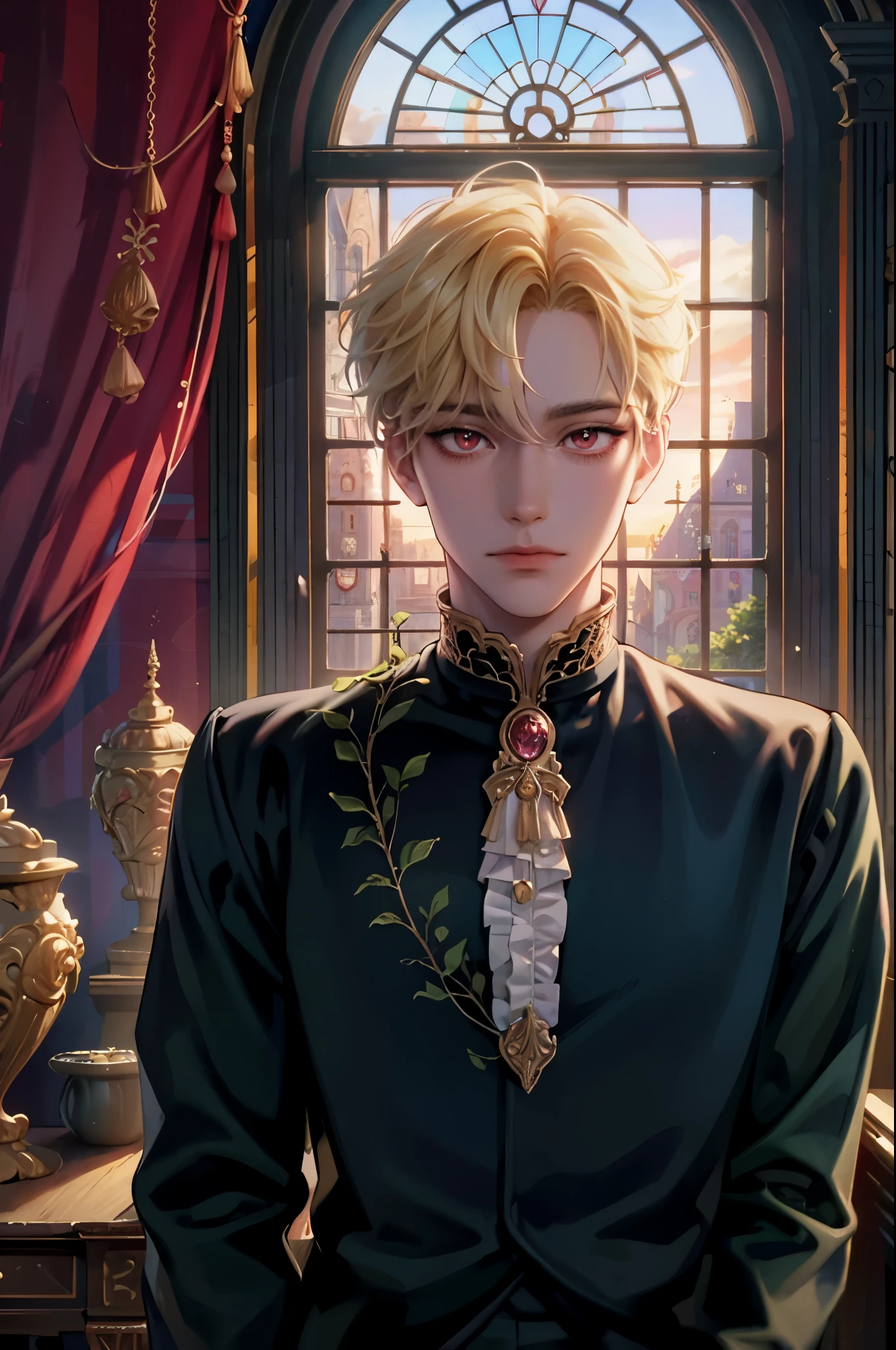 masterpiece, best quality, 1man, adult, male focus, solo, blonde hair, vibrant red eyes, looking at viewer, closed mouth, cantarella, Fantasy aesthetics, Highly detailed, casual style, Victorian mansion background , beside the window