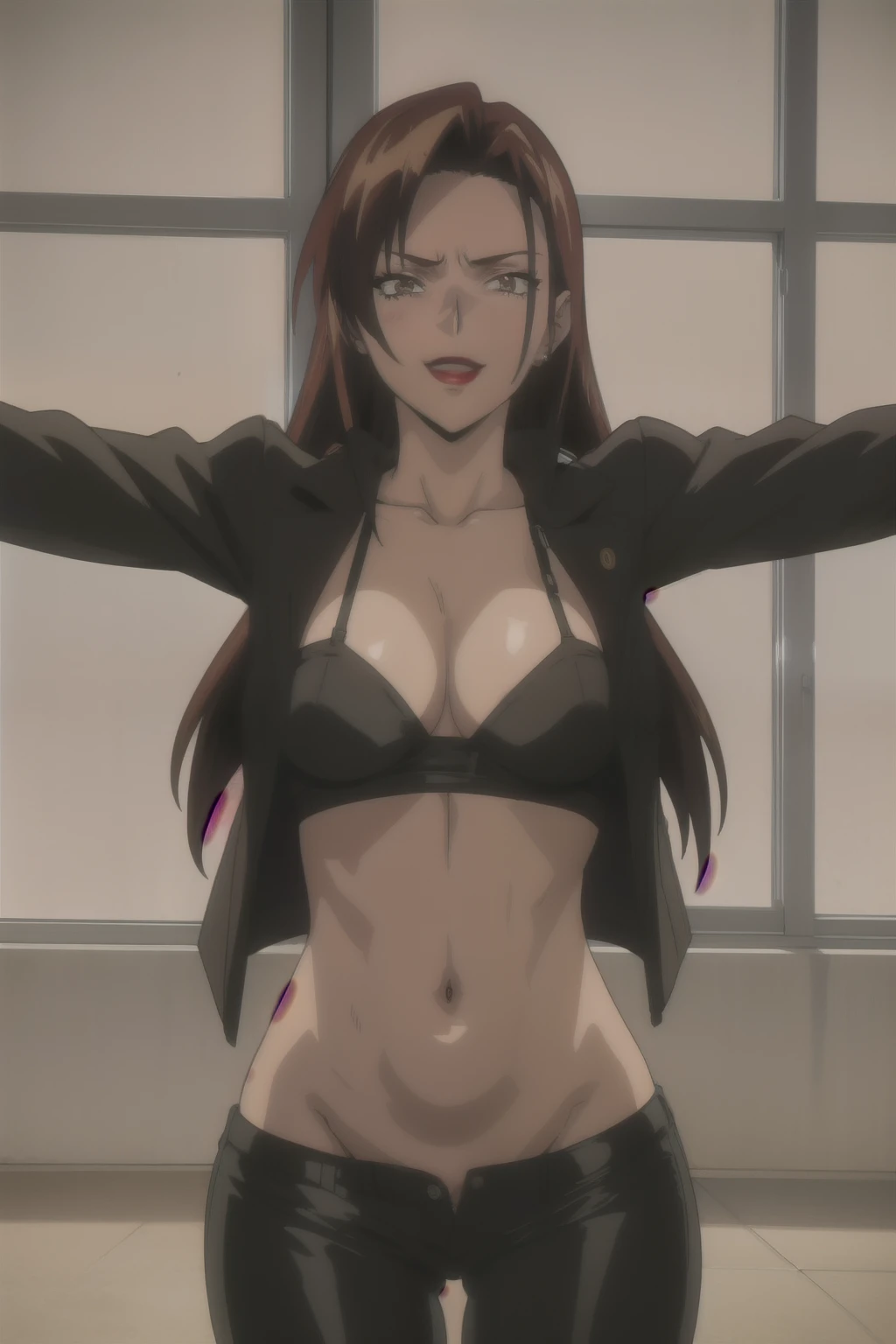 ,  retro artstyle,
MaiKannazuki, 1girl, mature female, solo, standing, 
brown hair, long hair, (single sidelock:1.2),  brown eyes, earrings, red lips, 
red blazer, 
large breasts,
indoors, luxury room, window, mansion, wall,
masterpiece, best quality, highly detailed, a girls with a gun, evil smile , open mouth, sexy gaze, badass
pose , evil smile, smile, (nsfw) not safe for work, guns blazing, anime girl with long hair, beautiful long
haired girl, navel, evil expression, exposed belly, exposed navel, exposed midriff, exposed lower belly,
long black pants, crop top, cleavage, unbuttoned leather pants ,open fly, low rise black leather pants,
leather jacket, holding a gun, outdoor,street,road, navel piercing , lipstick,open arms sideway,
arms T-pose, smirk, standing, anime girl T posing