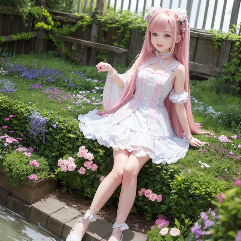 best quality, masterpiece, lifelike, 1 girl, alone, eternal, black hair, Long curly hair, blunt bangs, Smile, pink skirt, pink lolita dress, layered skirt, Lolita style long skirt,分層連衣裙 lace-trimmed 裙子, decorate, lace, long sleeve, puff sleeves, wide sleeves, Transparent sleeves, hair accessories, 在flower园里, flower, Detailed background,  delicate face，pink blush，white及膝襪, Pink shoes，cold，Lots of lace，((​masterpiece))、(top quality)、8K、high detail、super detailed、 21 years old female，穿着pink lolita dress((dreamy atmosphere:1.1))、Seductive and whimsical style、​masterpiece、born、Scenes resembling fairy tale illustrations、intricate details展示了洛丽塔礼服的荷叶边和复杂的设计、capricious、 beautifully、Dream aesthetics、「𝓡𝓸𝓶𝓪𝓷𝓽𝓲𝓬、ethereal、charming、fickle、magic」、realism、Visual effects、FXAA、SSAO、shader、voiceless、environmental lighting、Tone mapping、High resolution、ultra high definition、megapixel、(8K resolution:1.10)、8K、8K resolution、high detail、intricate details、 (high quality:1.2、​masterpiece:1.2、:1.21)、(21 years old female:1.21)、(興奮地Smile)、(Surrounded by the dreamy atmosphere of an amusement par色洛丽塔连衣裙、Her eyes were full of surprise and joy、I took a lot of geek photos、High heel、Model diagram，full-body shot，Knee-high white的 lace socks,Sweet Lolita，Normal 2 feet，Pink shoes，Baotou shoes，full-body shot，不要exposed你的手指，Emphasize the volume of the skirt，exposed，huge breasts，white,The skirt flew up，low cut，exposed，hair accessories，big skirt dress，If you shoot from a certain angle you can see my panties，permanent,The skirt floated up