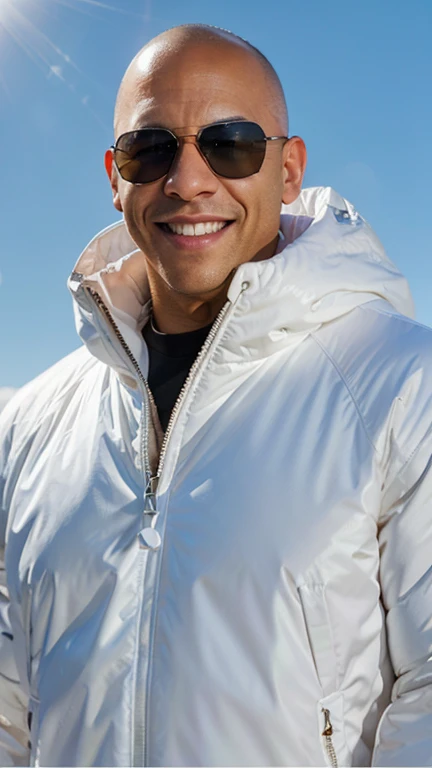 well lit moda shoot of Vin Diesel smiling, oculos de sol, wearing an oversized white inflatable jacket designed by Yeezy and Balenciaga, sharp focus, claro, intrincado, cinematic, glamourous, symmetrical, soft lighting, indirect lighting, Voga, editorial, moda, corpo todo
