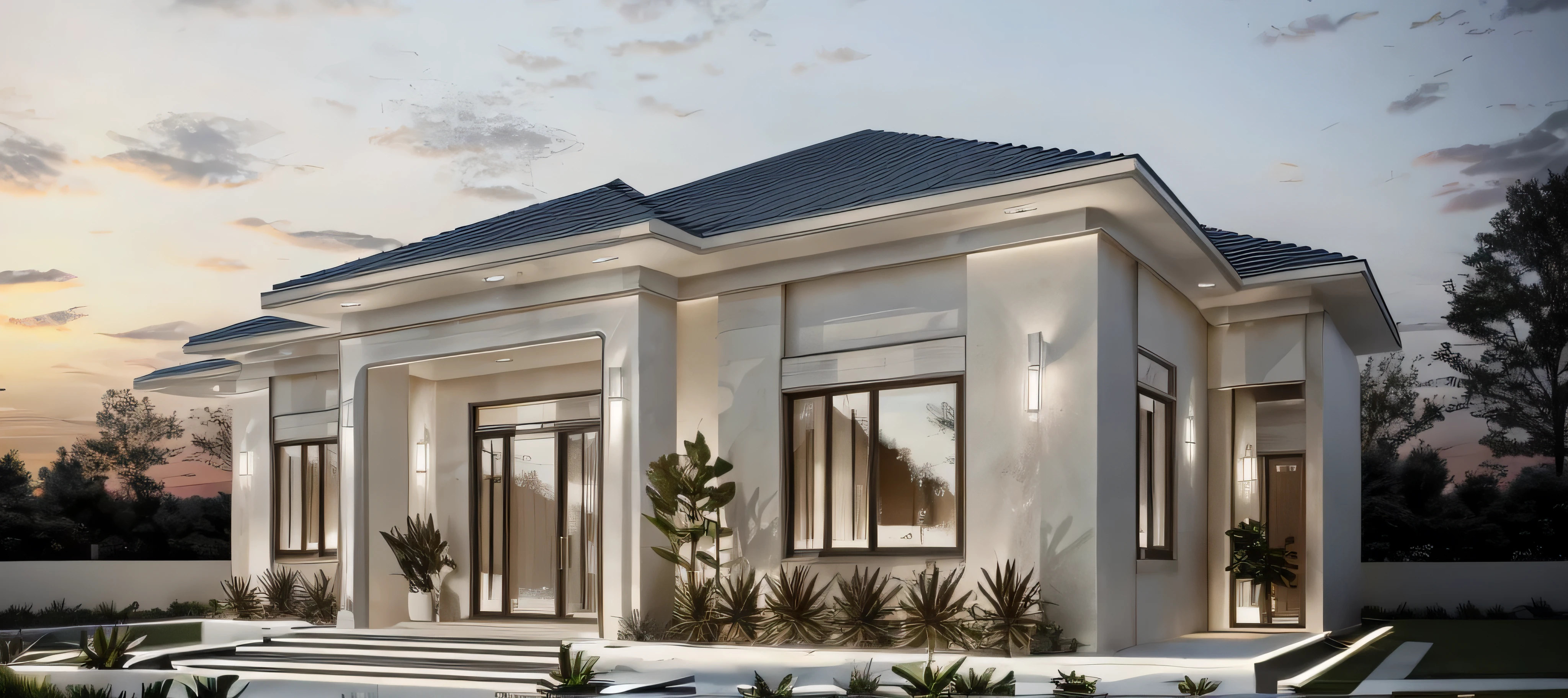 a rendering of a house with a lot of windows and a lot of trees, digital rendering, architectural render, architectural rendering, detail render, detailed rendering, frontview, 3/4 view, 3 / 4 view, front elevation view, a digital rendering, architectural 3 d render, wide angle exterior 2022, precise architectural rendering, high detail render, artist impression, light wall, sunset sky, render 3d max, white wall, Mable stone, style indochine