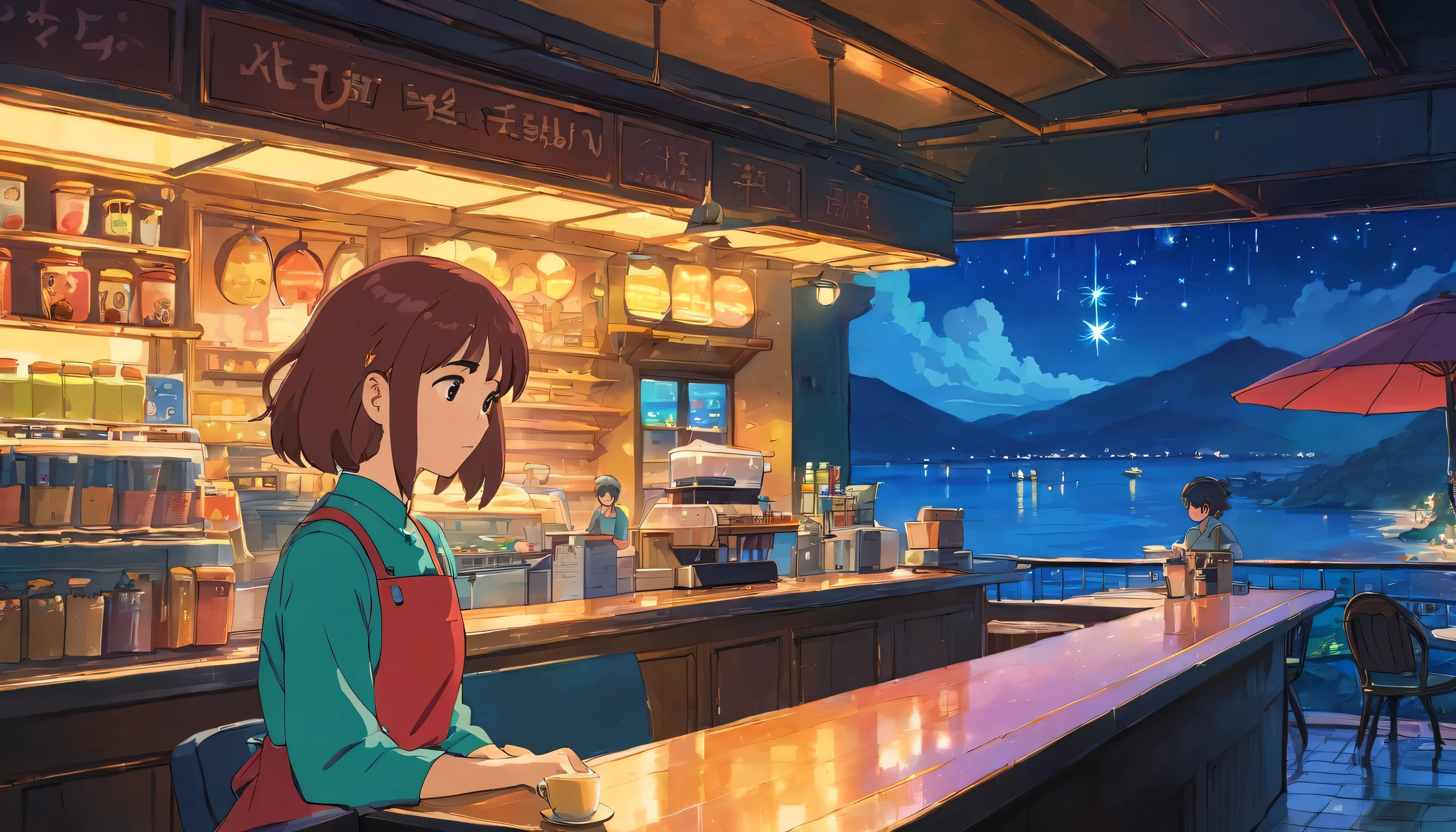 European girl barista brews coffee at the cafe counter, dream, please wear headphones, night light, Neon landscape on a rainy day, analog color theme, lo-fi hip hop , retrospective, flat, 2.5D ,Draw a line, ink painting, Osaka road, watercolor painting, gouache color, studio ghibli style, very colorful, outerton, Krautlock, Lofiato,old texture, amplitude,Psychedelic atmosphere, masterpiece, Technology of Wonders,on the bed,Darken the room,A beautiful night seaside with a starry sky outside the window