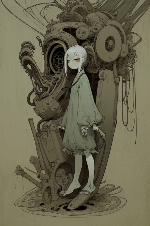 ((girl tied to a machine)), scribble, nightmare, doll-like face, cartoon style, rough sketch, , (masterpiece), (High resolution), (super delicate), (clear), Comic book style illustrations,(Horror elements), Japanese painting illustration, full body,(snap shot),crazy illustration, antique, dark atmosphere, flat illustration, creepy appearance, Characteristic hairstyle, creative accessories, Unique atmosphere、
