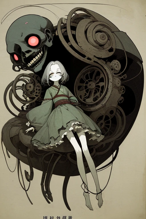 ((girl tied to a machine)), scribble, nightmare, doll-like face, cartoon style, rough sketch, , (masterpiece), (High resolution), (super delicate), (clear), Comic book style illustrations,(Horror elements), Japanese painting illustration, full body,(snap shot),crazy illustration, antique, dark atmosphere, flat illustration, creepy appearance, Characteristic hairstyle, creative accessories, Unique atmosphere、
