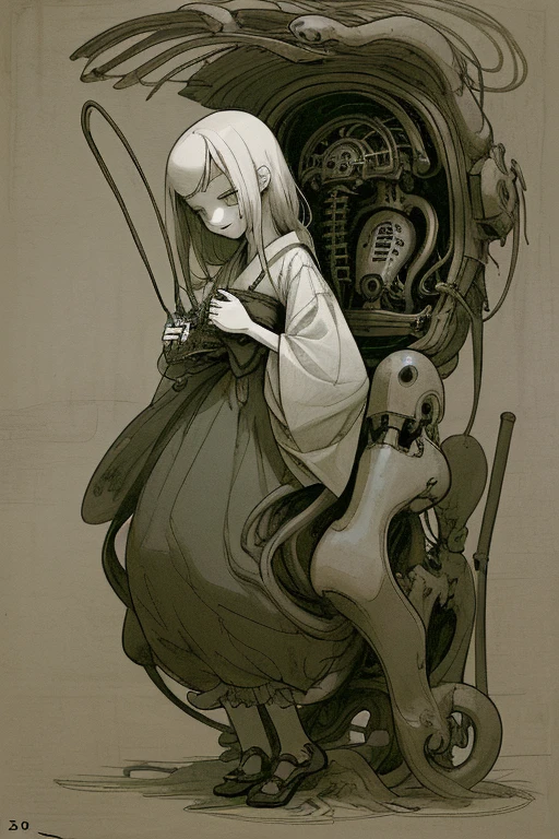 ((girl tied to a machine)), scribble, nightmare, doll-like face, cartoon style, rough sketch, , (masterpiece), (High resolution), (super delicate), (clear), Comic book style illustrations,(Horror elements), Japanese painting illustration, full body,(snap shot),crazy illustration, antique, dark atmosphere, flat illustration, creepy appearance, Characteristic hairstyle, creative accessories, Unique atmosphere、