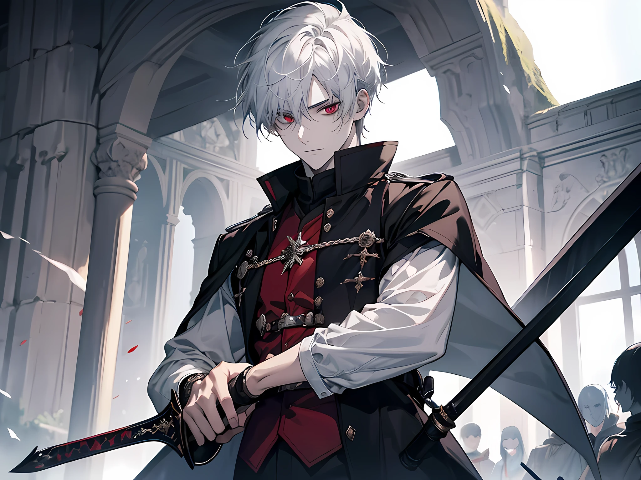 A young man with straight white hair, red eyes and pale skin, dressed in dark clothes, holding a black sword over corpses, extremely detailed eyes, detailed face