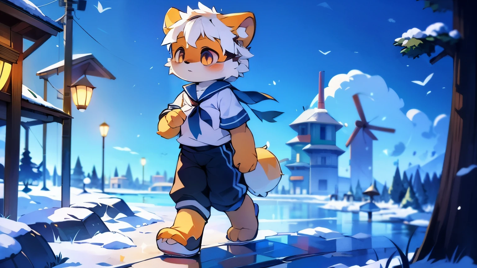 intermittently,masterpiece,High resolution,8K,Detailed background,high quality,intermittently,intermittently,(Light orange fur,white hair,black sclera,hairy的毛皮,Fine hairs)) hairy, shattered, muscular, horny boy, windmill, shorter pants, Swimming pants, abyss,((In the snow,winter,In the city,walk)), alone,Sailor suit,scarf,behave in a spoiled manner,shy blush