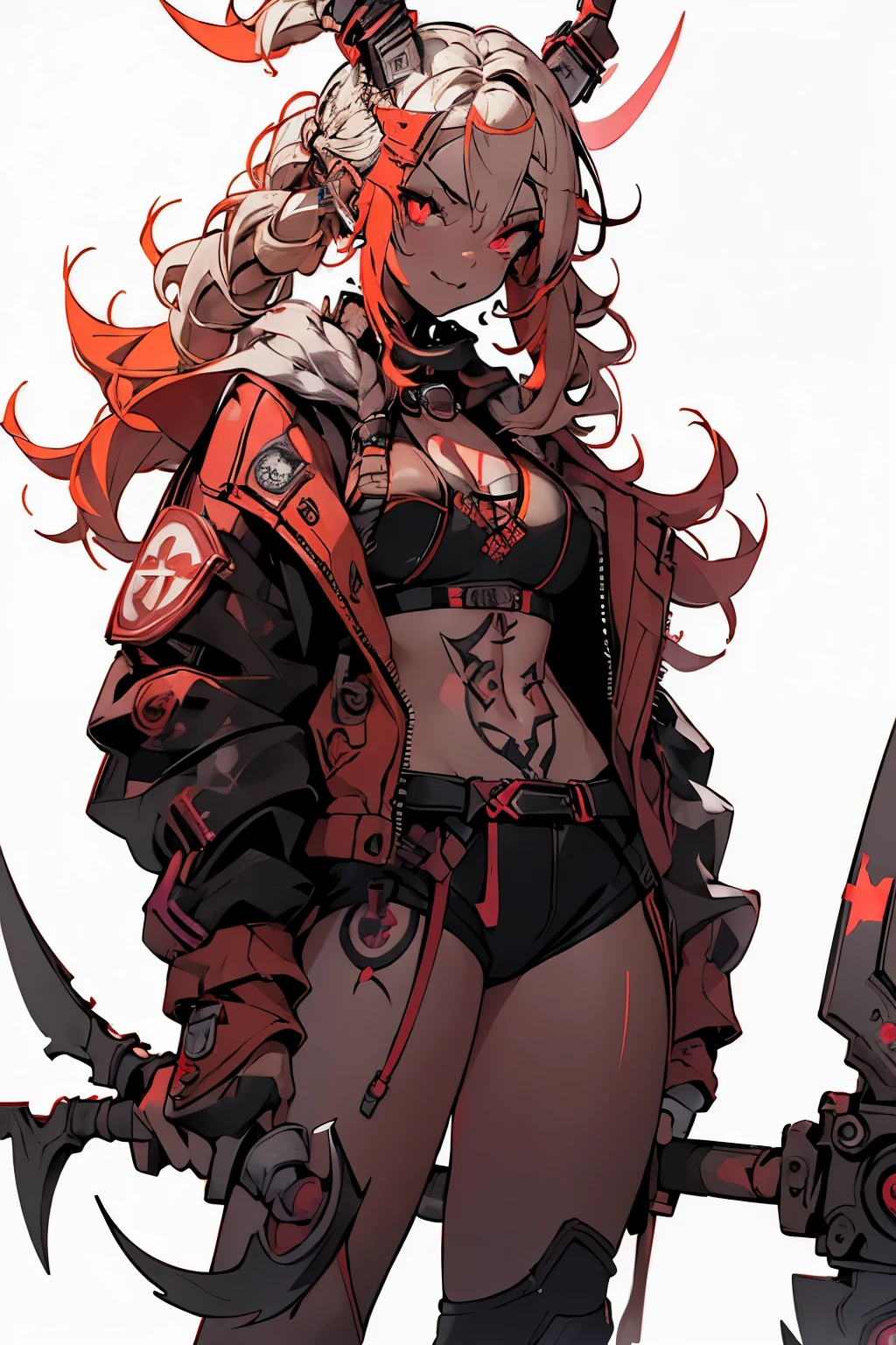 1girl, rebecca \(cyberpunk\), full body, solo, blonde braid hair, glowing red eyes,laugh fearlessly, leg tattoo, neck tattoo, large chest, black bra, thong, red pupils, skin fang, red eyes, black jacket, ((Holding a big hammer、white background:1.2))、dynamic angle、