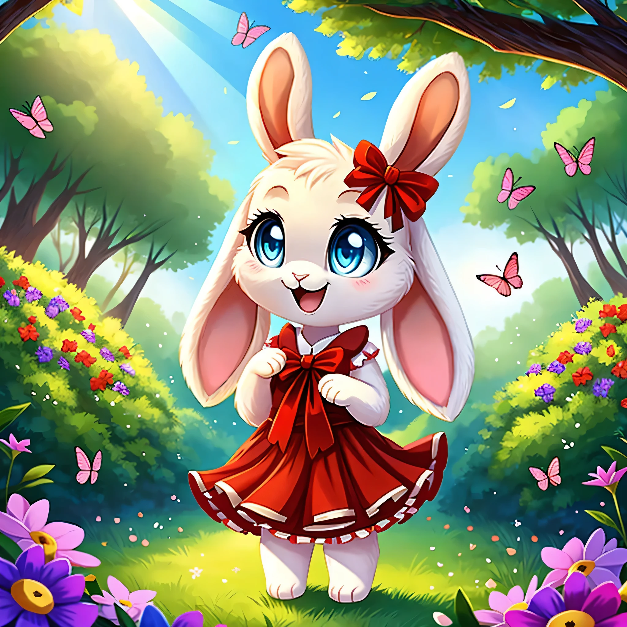 zoomed out image, ((solo character)), cute style art, fantasy style art, cute, adorable, short character, small, tiny little fluffy female white bunny with blue eyes, 4 ears, 2 extra ears, big floppy ears, long ears, ears perked up, raised ears, long eyelashes, poofy rabbit tail, wearing a red frilly ribbon dress, smiling, standing in a colorful fantasy forest, soft tones, big expressive smile, open mouth, wide eyes, excited eyes, excited face, stunning visuals, sunlight coming through the trees, flowers scattered in the bushes, butterflies in the air, digital illustration