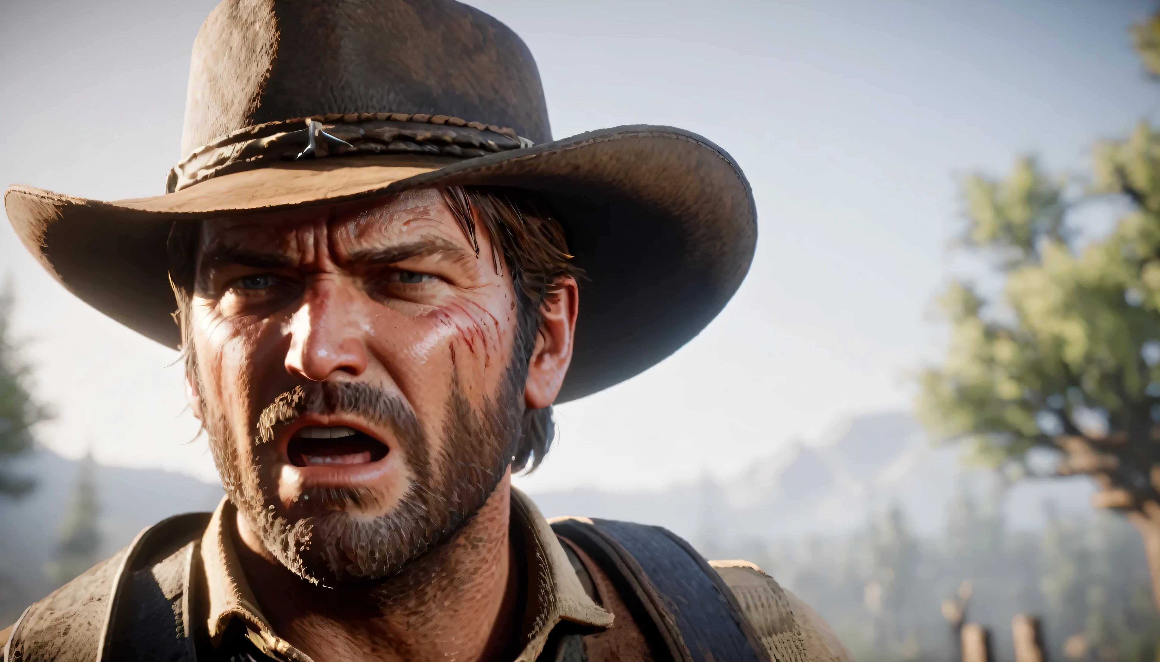 Generate an image using state-of-the-art artificial intelligence techniques to depict Arthur Morgan from Red Dead Redemption 2 screaming loudly with intense anger, capturing the raw emotion and fury in his expression. Ensure the image maintains maximum quality, advanced levels of detail, and a cinematic style.