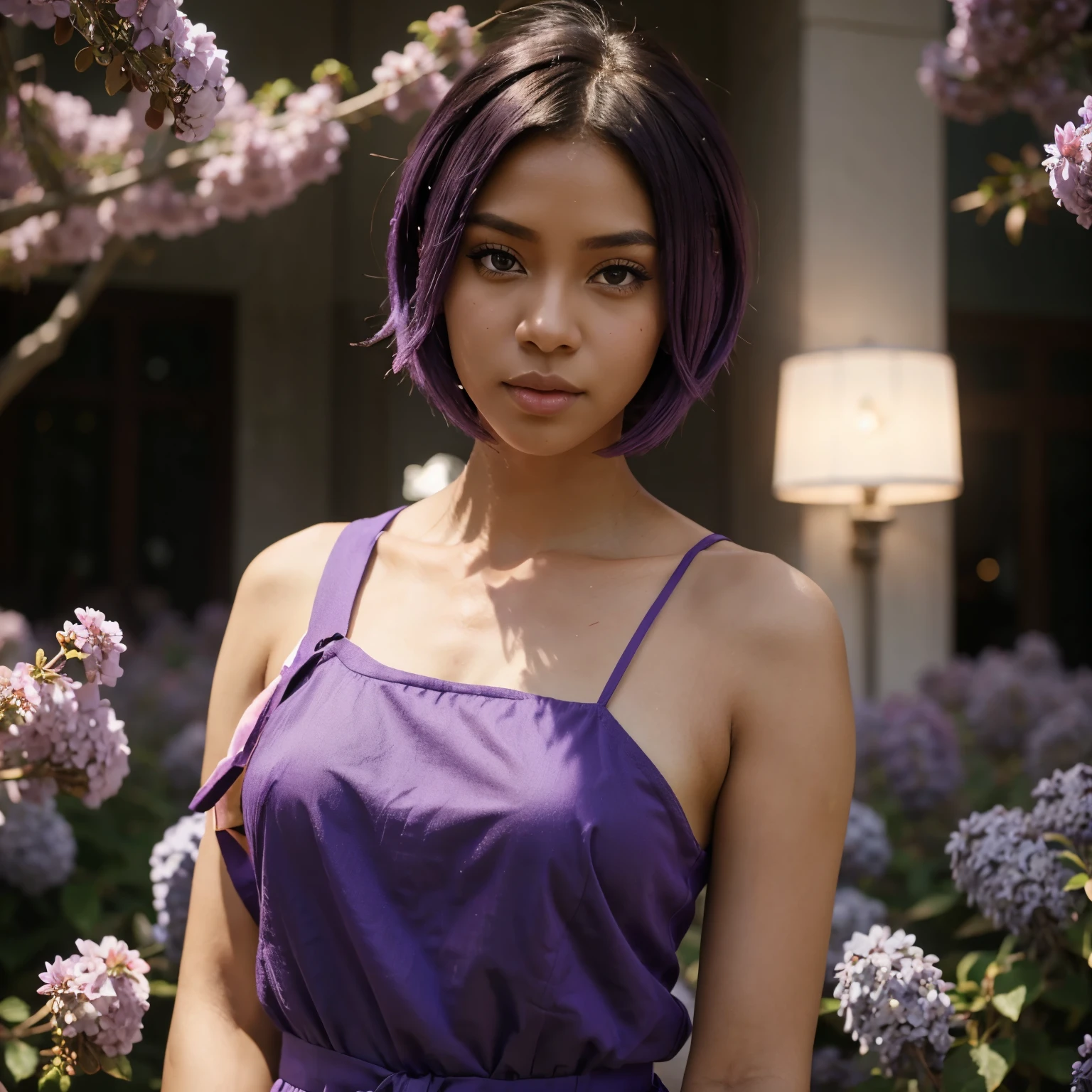 Anime style, tall girl with dark skin and short lavender rose hair, large lilac eyes, wears
