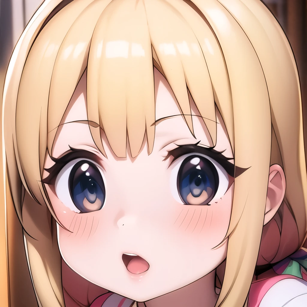 a close up of a cartoon bare chest with an eye drawn on it, 1girl, breasts, , smile, solo, grin, dress, selfie, blush, small breasts, flashing, no bra, white dress, collarbone, head out of frame,babyte,Ichigo Hoshimiya (Aikatsu!),,downblouse, loose t-shirt, leaning forward,inverted_nipples,