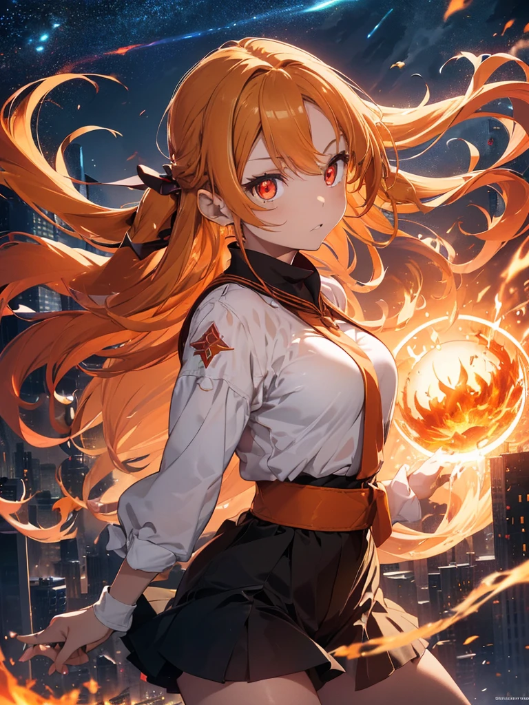 A fire goddess, Portrait, (blonde hair gradient orange hair end:1.6), (streaked glowing bright red hair:1.6), split long ponytail, hair strand, floating hair, (two huge red bells tied to ponytail), (Illusion red eyes), pupils sparkling, aqua eyes, (((orange glowing eyes))), like real eyes, orange red eyebrows, red lips, orange glowing red crystal earrings, red envelope jacket, glowing clothing masterpiece, Red nails, (Red katana), (((floating flame on katana))), (absurdly super large flame ring stand upright floating on the back:1.5), (((Floating in the sky of the city))), (((stand on the clouds))), Random pose, (((Hand holding glowing and burning katana))), (((spinning fire polo floating on finger))), glowing magic circle halo under the foot, glowing colored grain swirl around the body, burning flame around the body, Focus on face, Futurism, anime, sparkle, ray tracing, reflection light, god rays, backlighting, ((glowing light)), Ultra-Wide Angle, chiaroscuro, UHD, masterpiece, super detail, best quality, highres, ccurate, retina, textured skin, super detail face, perfect face, Super fine facial details, beautiful and delicate eyes, perfect eyes, anatomically correct, correct limbs, correct figner, super detail figner, best hair quality, best clothing quality, best prop quality, best halo detail and quality, best magic circle detail and quality, complex halo detail,