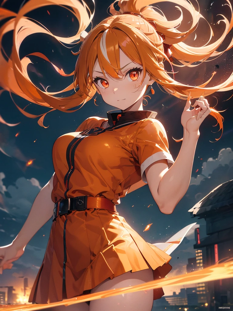 A fire goddess, Portrait, (blonde hair gradient orange hair end:1.6), (streaked glowing bright red hair:1.6), split long ponytail, hair strand, floating hair, (two huge red bells tied to ponytail), (Illusion red eyes), pupils sparkling, aqua eyes, (((orange glowing eyes))), like real eyes, orange red eyebrows, red lips, orange glowing red crystal earrings, red envelope jacket, glowing clothing masterpiece, Red nails, (Red katana), (((floating flame on katana))), (absurdly super large flame ring stand upright floating on the back:1.5), (((Floating in the sky of the city))), (((stand on the clouds))), Random pose, (((Hand holding glowing and burning katana))), (((spinning fire polo floating on finger))), glowing magic circle halo under the foot, glowing colored grain swirl around the body, burning flame around the body, Focus on face, Futurism, anime, sparkle, ray tracing, reflection light, god rays, backlighting, ((glowing light)), Ultra-Wide Angle, chiaroscuro, UHD, masterpiece, super detail, best quality, highres, ccurate, retina, textured skin, super detail face, perfect face, Super fine facial details, beautiful and delicate eyes, perfect eyes, anatomically correct, correct limbs, correct figner, super detail figner, best hair quality, best clothing quality, best prop quality, best halo detail and quality, best magic circle detail and quality, complex halo detail,