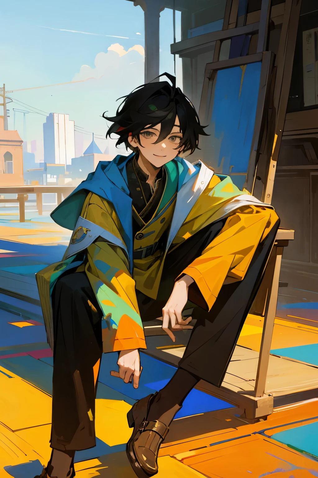 1 Male, teenager male, An artist, Sitting on a platform, colorful, Stunning light from distant brightens the scene, smile face, paintbrush, Casts a deep shadow on the clothes, high details, masterpiece