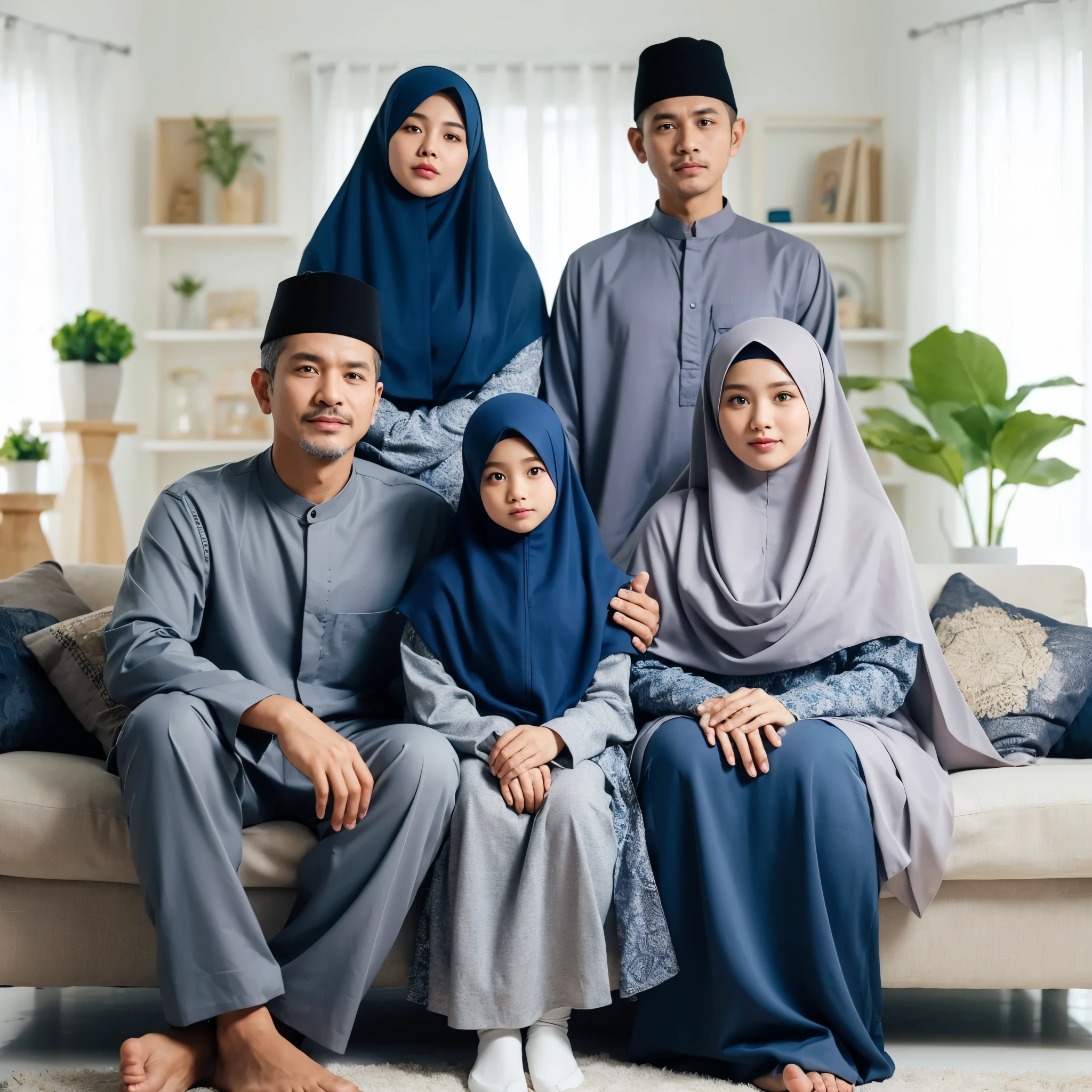 Arafed family sitting on a couch in a living room - SeaArt AI