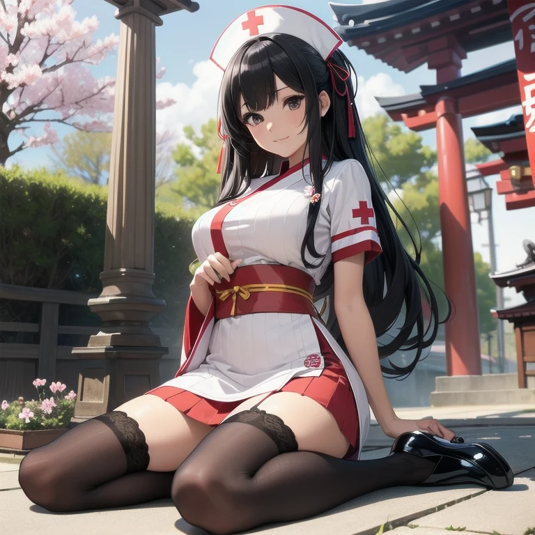1girl, anime, black eyes, long black hair with square bangs, very long black hair, super long black hair, skirt and stockings, heels, black Japanese style kimono mixed with ribbed black sweater with red accents and sakura floral design, ((ribbed black sweater)) adult, (Japanese shrine/temple background), gamer, (((gamergirl))), kimono sleeves, garter, graceful, (((nurse outfit))), happy, (sakura floral design), herbal garden background, first aid kit, red cross, pin-up magazine cover