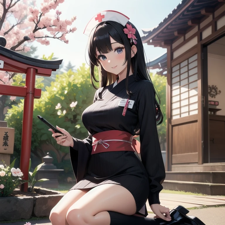 1girl, anime, black eyes, long black hair with square bangs, very long black hair, super long black hair, skirt and stockings, heels, black Japanese style kimono mixed with ribbed black sweater with red accents and sakura floral design, ((ribbed black sweater)) adult, (Japanese shrine/temple background), gamer, (((gamergirl))), kimono sleeves, garter, graceful, (((nurse outfit))), happy, (sakura floral design), herbal garden background, first aid kit, red cross, pin-up magazine cover
