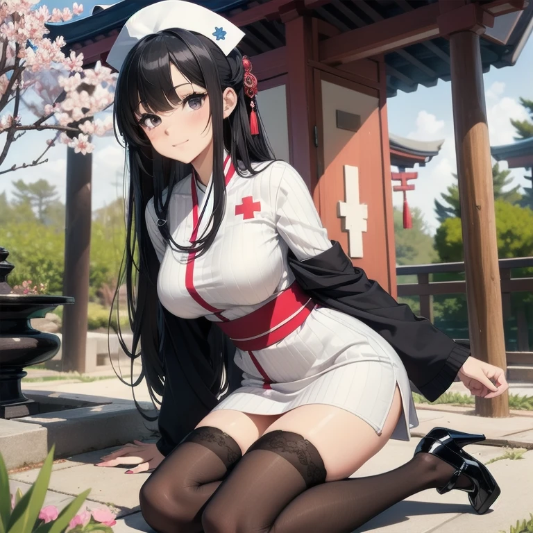 1girl, anime, black eyes, long black hair with square bangs, very long black hair, super long black hair, skirt and stockings, heels, black Japanese style kimono mixed with ribbed black sweater with red accents and sakura floral design, ((ribbed black sweater)) adult, (Japanese shrine/temple background), gamer, (((gamergirl))), kimono sleeves, garter, graceful, (((nurse outfit))), happy, (sakura floral design), herbal garden background, first aid kit, red cross, pin-up magazine cover