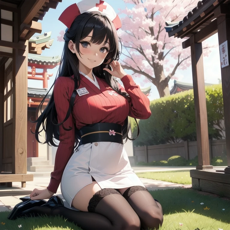 1girl, anime, black eyes, long black hair with square bangs, very long black hair, super long black hair, skirt and stockings, heels, black Japanese style kimono mixed with ribbed black sweater with red accents and sakura floral design, ((ribbed black sweater)) adult, (Japanese shrine/temple background), gamer, (((gamergirl))), kimono sleeves, garter, graceful, (((nurse outfit))), happy, (sakura floral design), herbal garden background, first aid kit, red cross, pin-up magazine cover