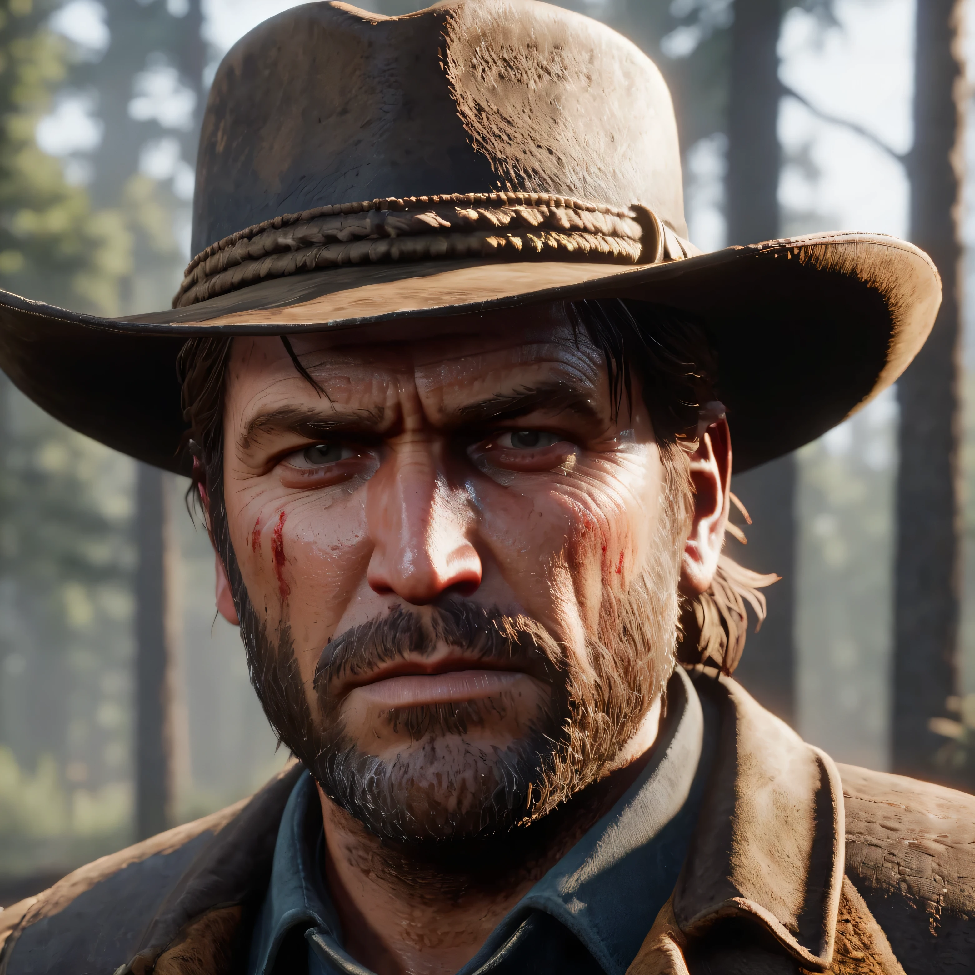 Create an image using artificial intelligence with maximum quality, advanced levels of detail, and a cinematic style. Render Arthur Morgan from Red Dead Redemption 2 with a fierce, angry, and hateful expression on his face.
