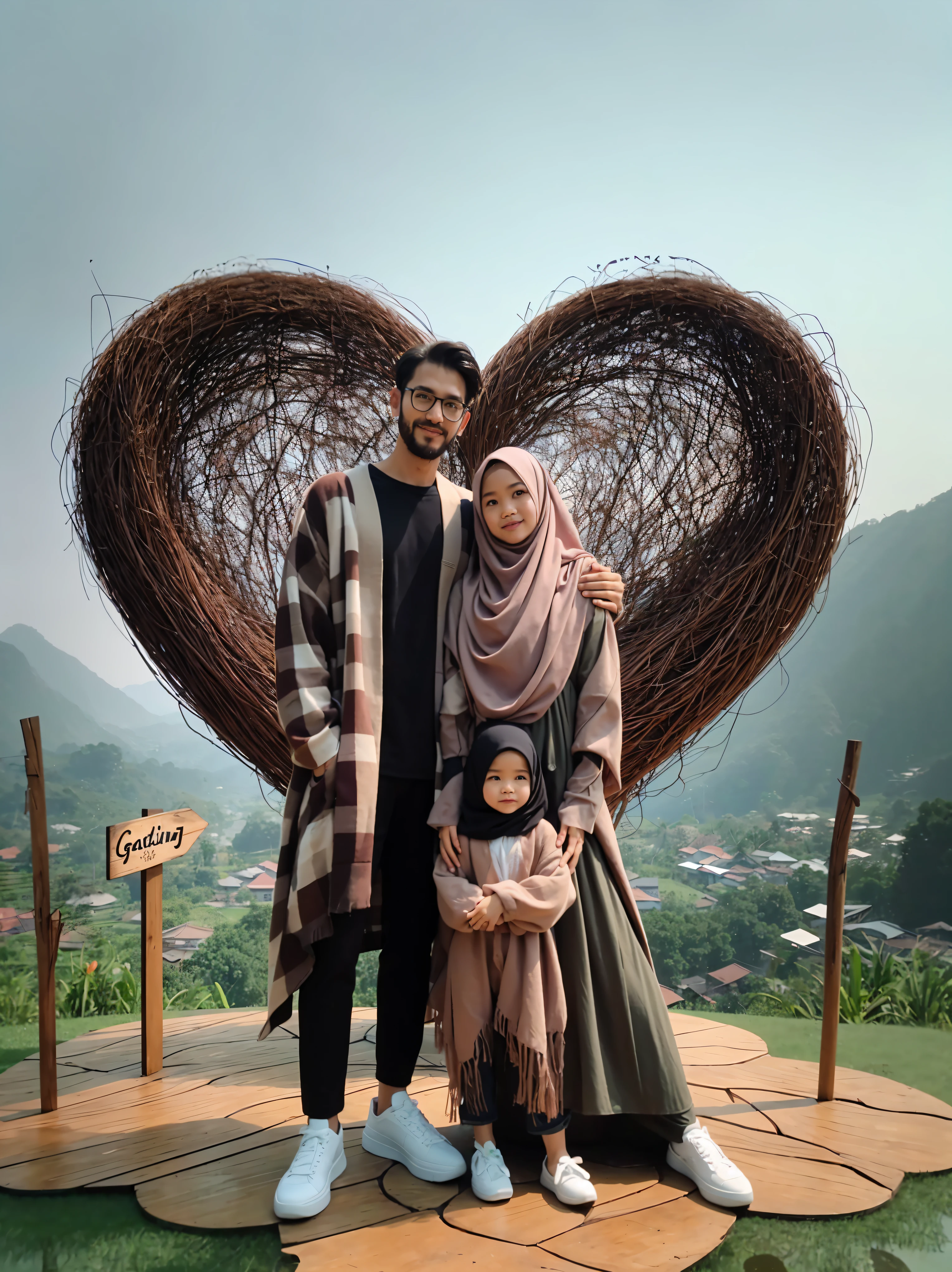 there is a man and woman standing in front of a heart shaped sculpture, an indonesian family portrait, happy family, husband wife and son, taken with sony alpha 9, shot on nikon z9, vacation photo, inspired by Ismail Acar, full body photogenic shot, shot on iphone 1 3 pro max, shot on canon eos r 5, shot on canon eos r5