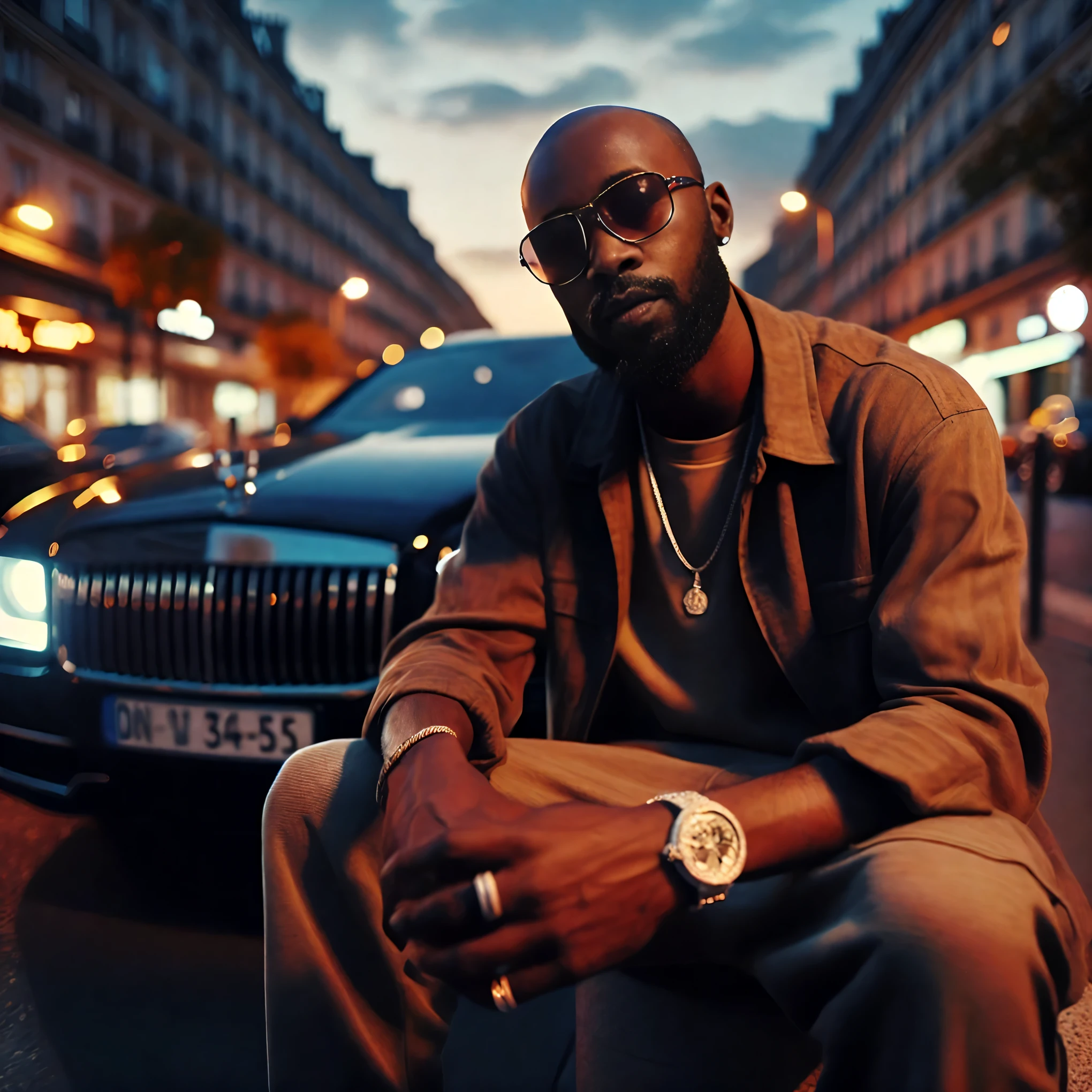 araffe assis sur un trottoir devant une voiture la nuit, portrait 8k, Tourné à l'heure d'or, meilleur sur Adobe Stock, by Raphaël Collin, par Andreï Kolkoutine, Balade MC, by Étienne Delessert, by Vincent Lefèvre, Virgil Abloh, in Paris, Editorial photography, by Thomas Häfner