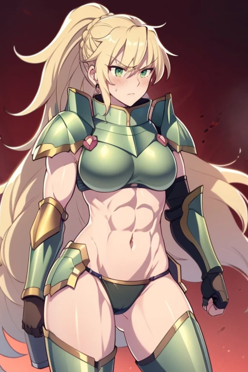 ((1 girl)), extremely long hair, solo, ((muscular)), veins, blonde hair, green eyes, blushing, thick thighs, pale skin, strong, veins, abs, big thighs, huge breasts, navel, standing, angry, blushing, tight bikini armor, sexy, blood on face, blood on body