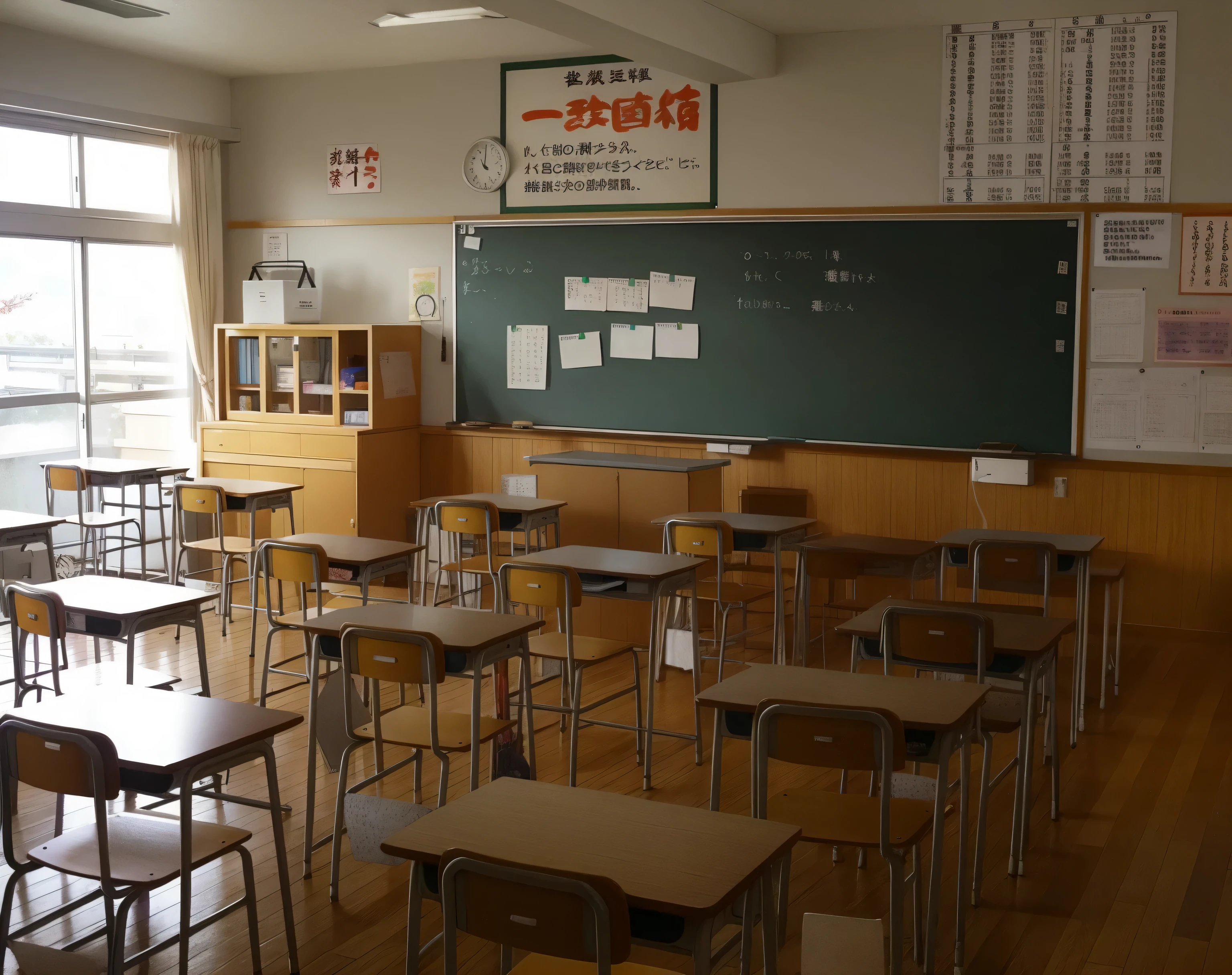 classroom, japanese classroom, calk board, desks, windows,